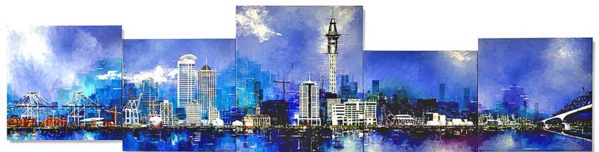 Impressions of Auckland Waterfront - this paintings consists of 5 separate canvases - 4.5 metres long